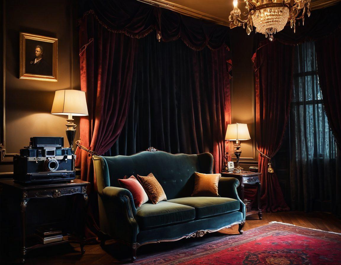 A sultry, secretive setting featuring a softly lit room adorned with velvet drapes and sensuous art pieces. In the foreground, a vintage camera capturing an enticing silhouette, symbolizing the transition from taboo to allure. Subtle hints of eroticism integrated into the decor, inviting curiosity and intrigue. The atmosphere feels intimate and inviting, balancing elegance with edginess. vibrant colors. moody lighting. 3D.