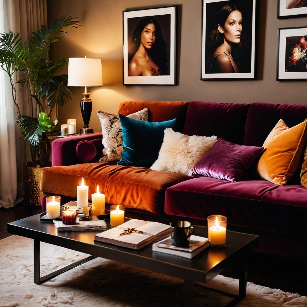 A cozy, inviting space with soft lighting, featuring a plush velvet sofa adorned with colorful pillows. In the background, a selection of sensual entertainment mediums, like artsy magazines, soft-focus photographs, and a laptop displaying an enticing website. Delicate candles flicker on a nearby table, casting a warm glow. The overall vibe should evoke warmth, comfort, and exploration of sensuality. super-realistic. warm colors. soft focus.