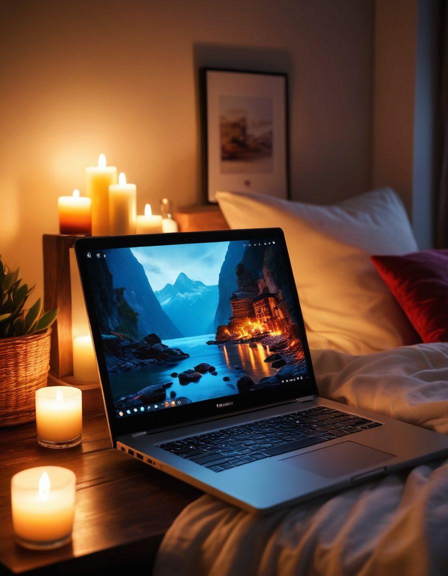 A visually enticing scene featuring an open laptop displaying a seductive streaming interface, surrounded by dimly lit candles and plush pillows, evoking an atmosphere of intimacy and relaxation. Include tantalizing glimpses of playful silhouettes and artistic representations of diverse seductive content, enticing and inviting curiosity. The background should be soft and mysterious, enhancing the allure of exploration. super-realistic. vibrant colors. soft focus.
